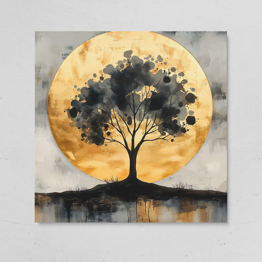 Abstract Tree Silhouette with Golden Moon Canvas on gallery wrap