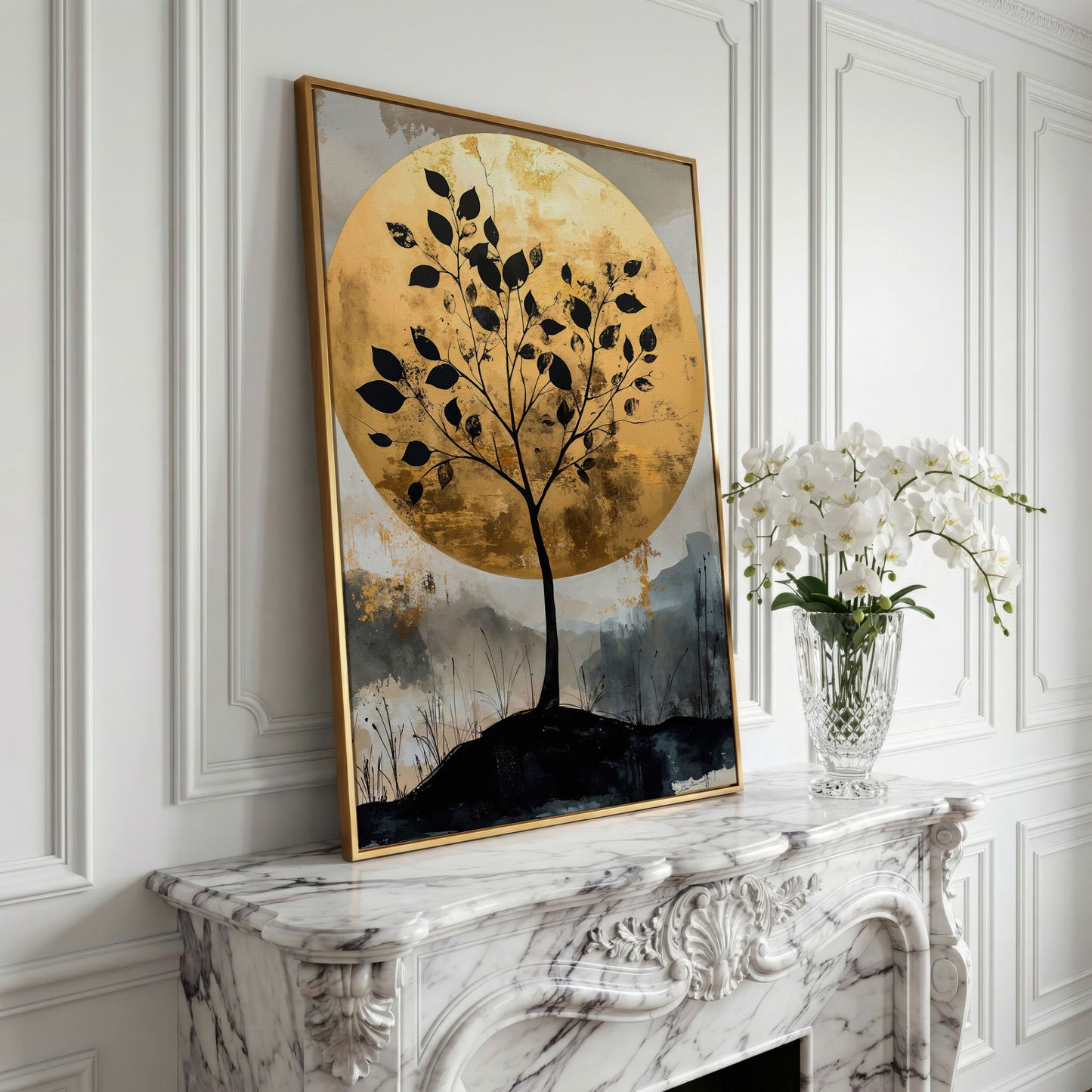 Tree Silhouette with Golden Moon Canvas Print in yellow gold floating frame