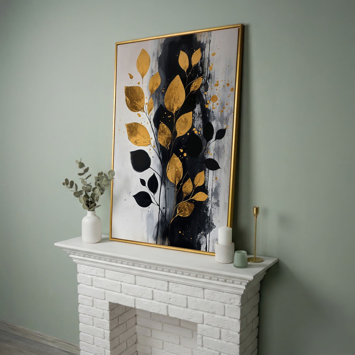 Modern Minimalist Botanical Leaf Canvas in yellow gold floating frame