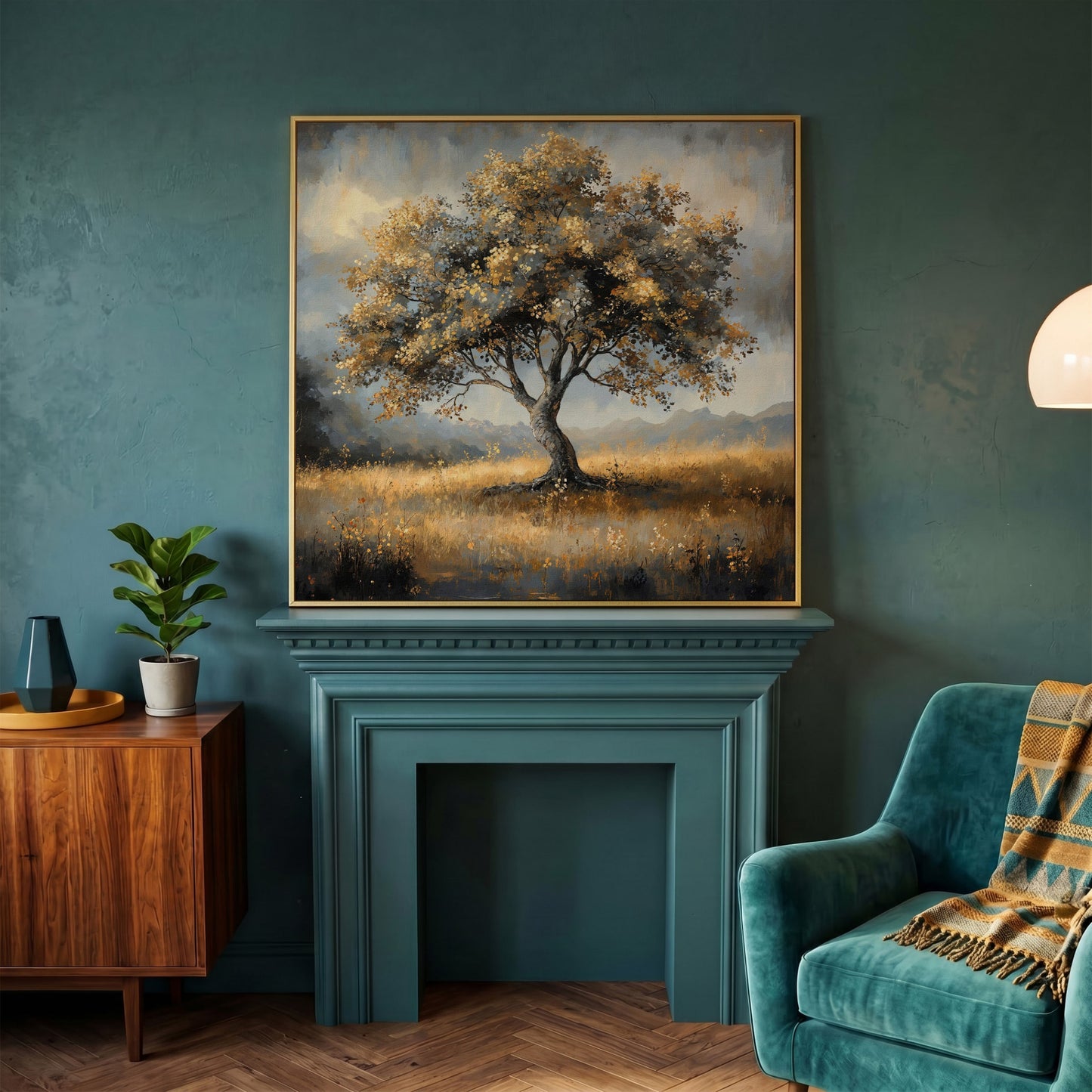 Serene Landscape Tree Canvas in yellow gold floating frame