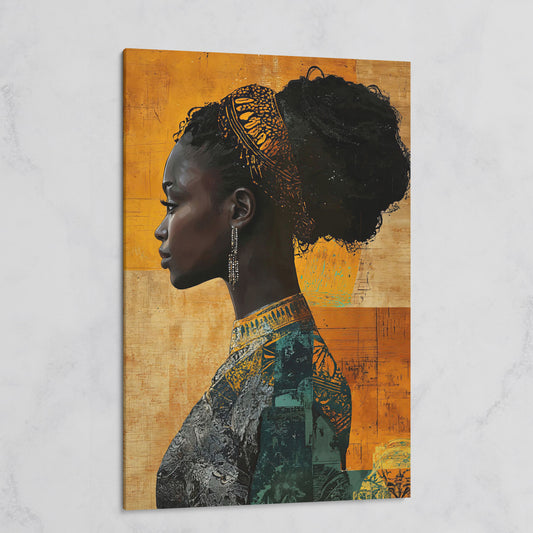 African Woman Profile in Mustard and Teal on gallery wrap canvas