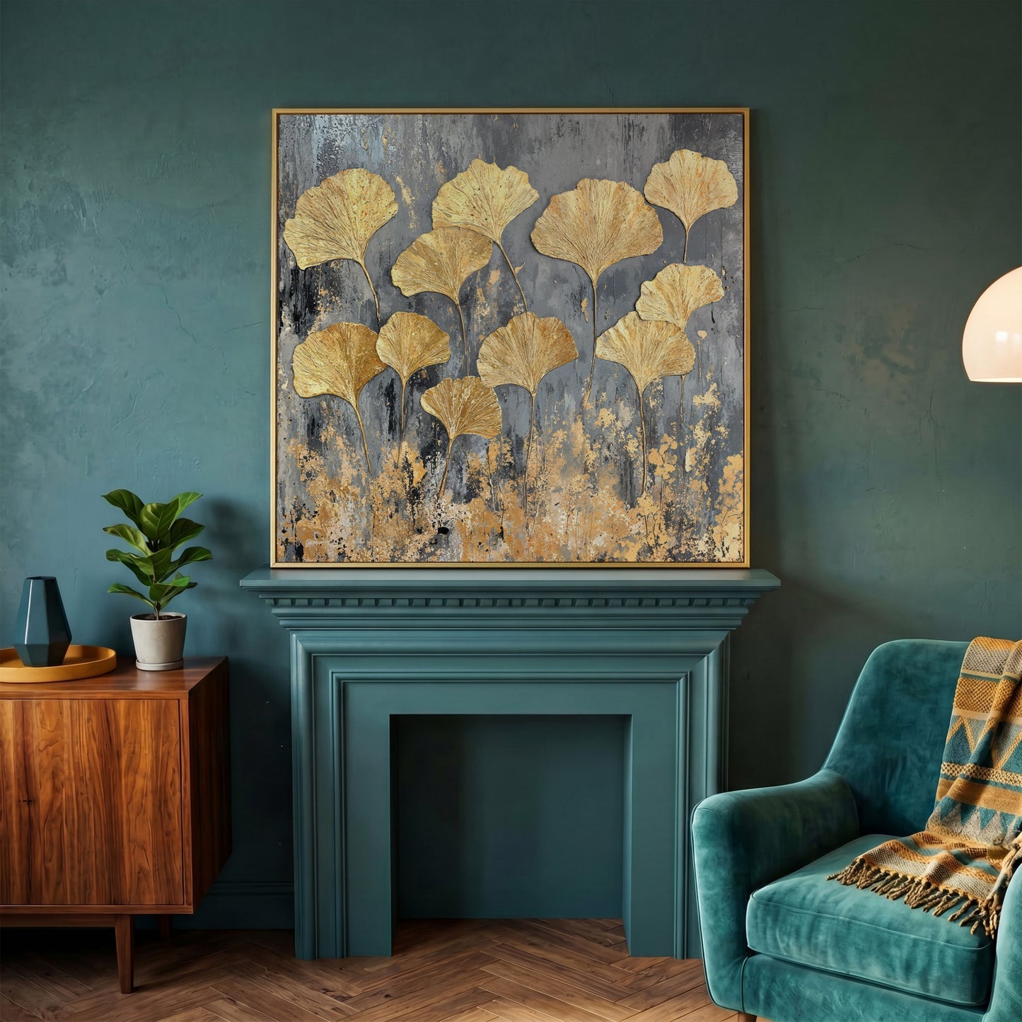 Gold Ginkgo Leaves Canvas Print in yellow gold floating frame