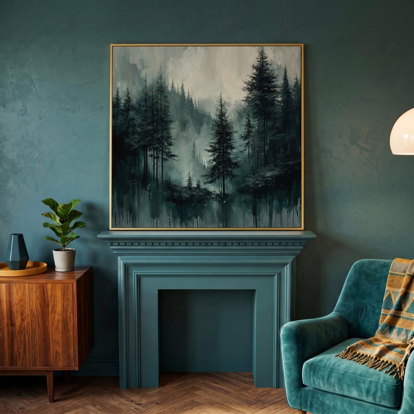 Misty Pine Forest Canvas Art, Square Wall Art in yellow gold floating frame
