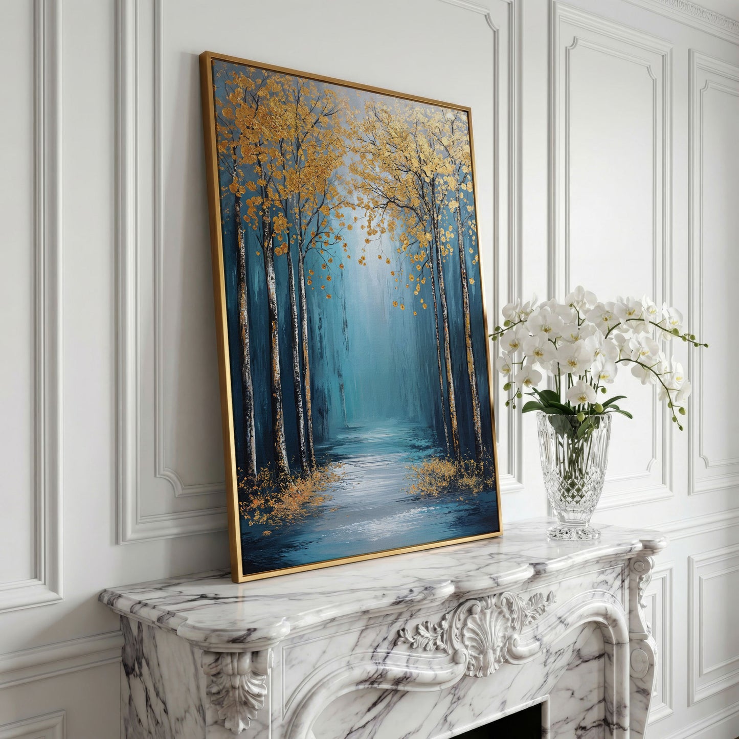 Golden Trees on Blue Canvas Print in yellow gold floating frame