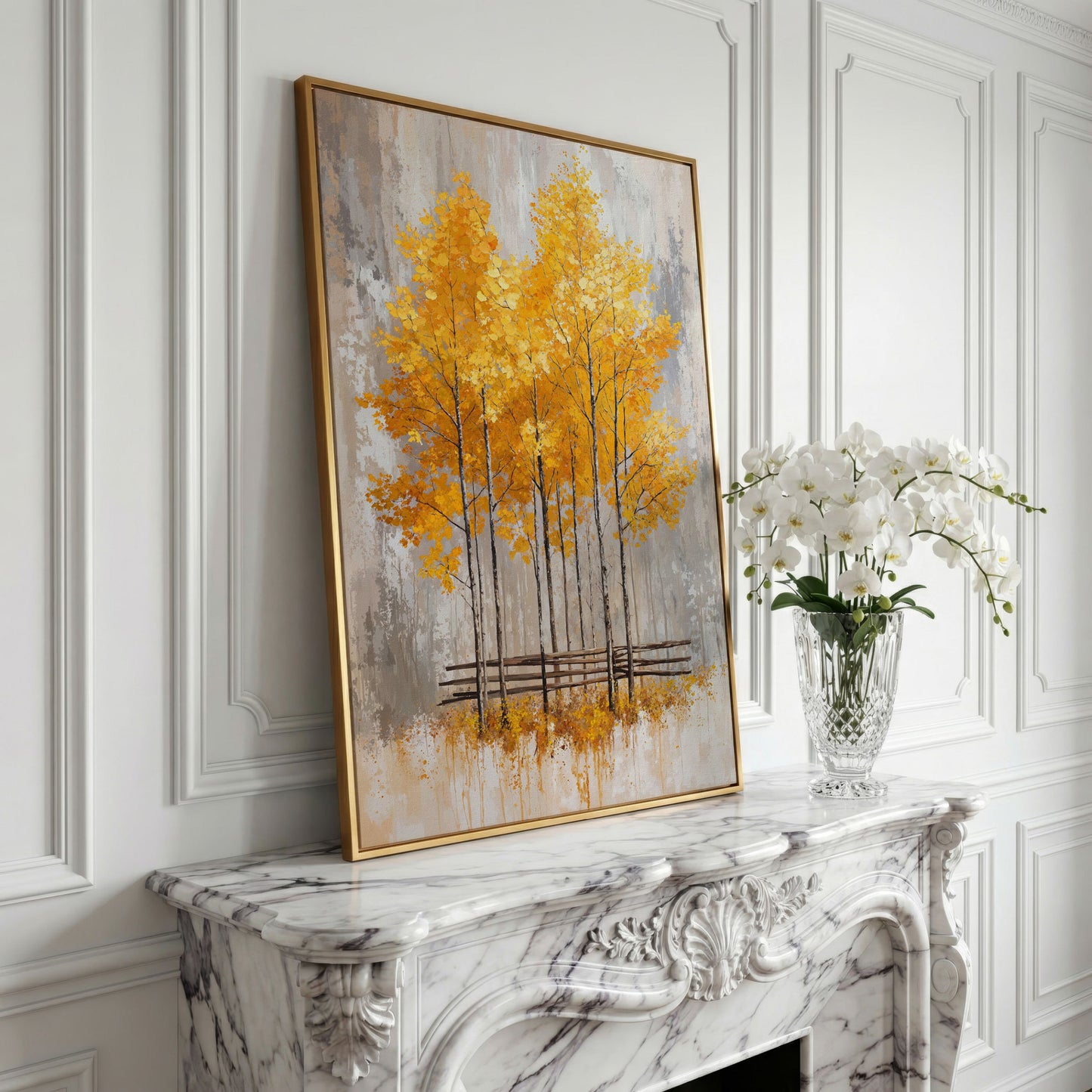 Autumnal Trees Canvas Print with Golden Fall Palette in yellow gold floating frame
