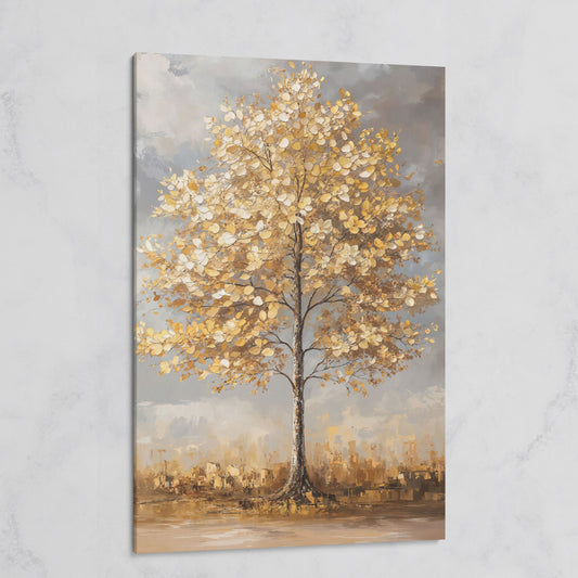 Golden Leaf Tree Canvas Print with Autumn Cityscape on gallery wrap