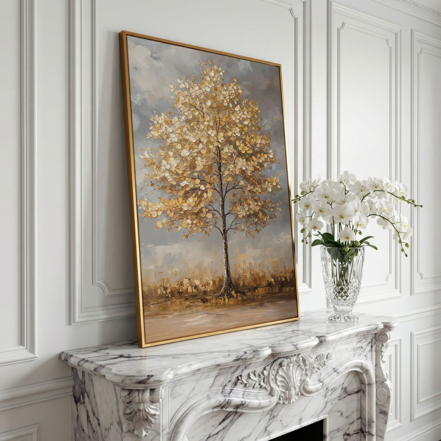 Golden Leaf Tree Canvas Print with Autumn Cityscape in yellow gold floating frame