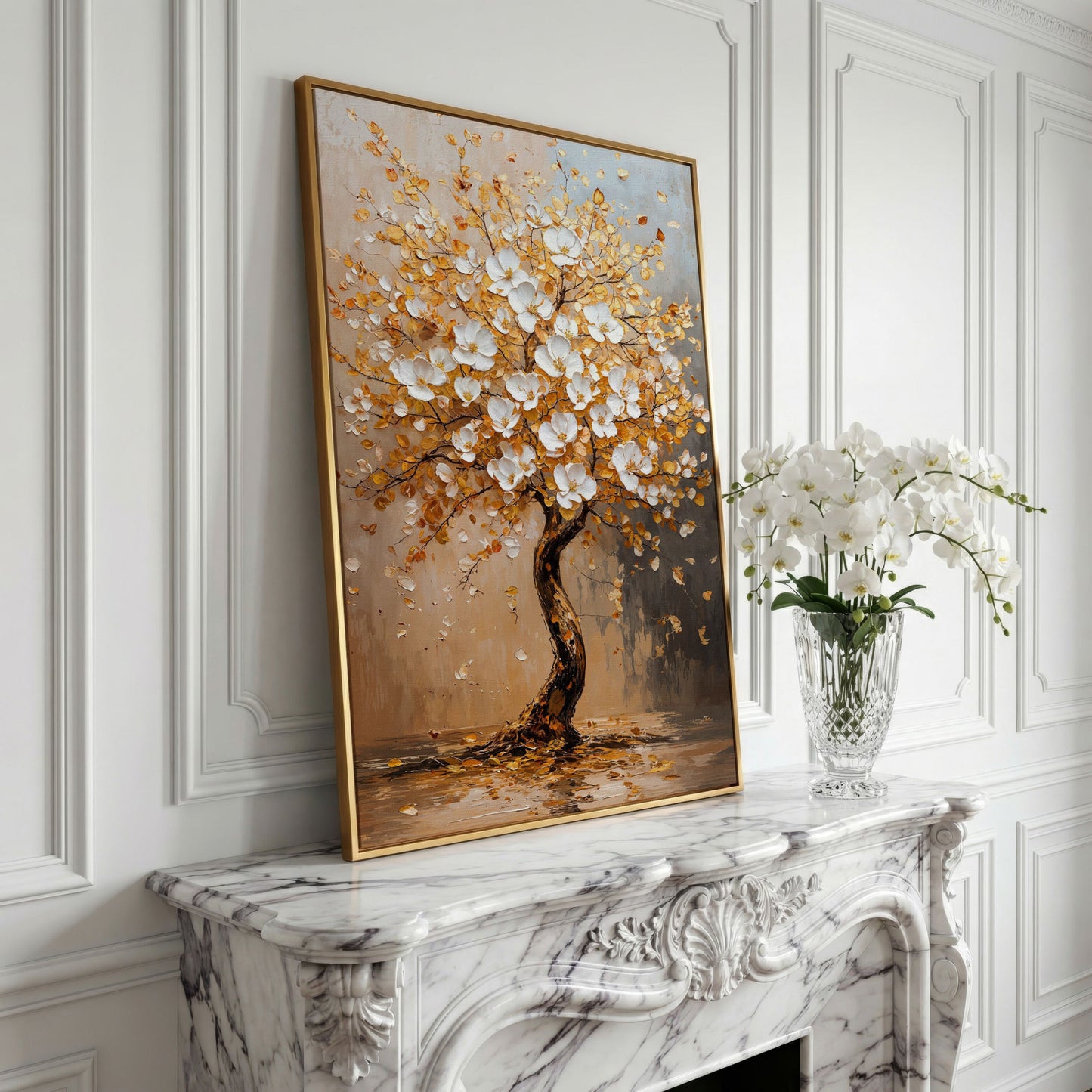 Elegant Blossom Tree Canvas Print in yellow gold floating frame