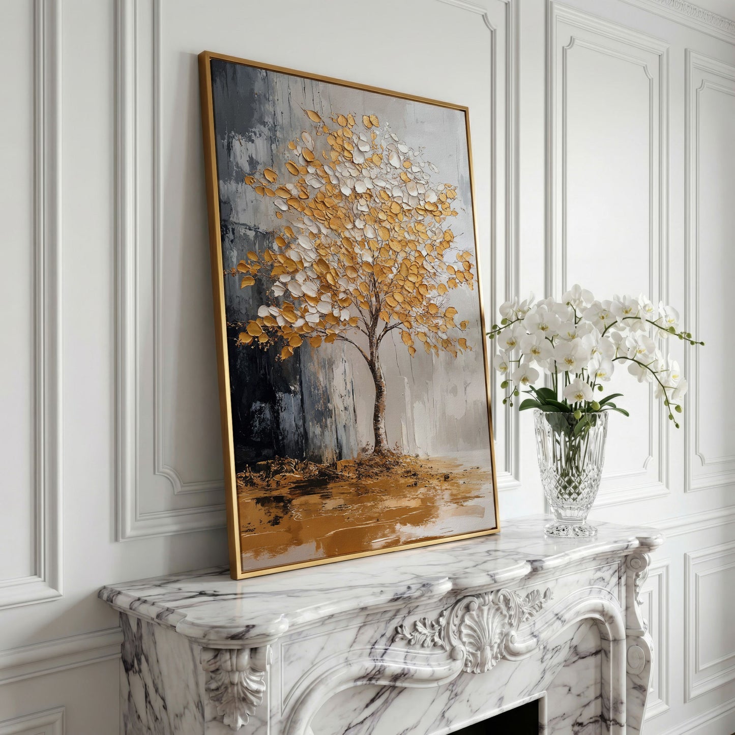 Gold and White Tree Canvas with Reflection in yellow gold floating frame