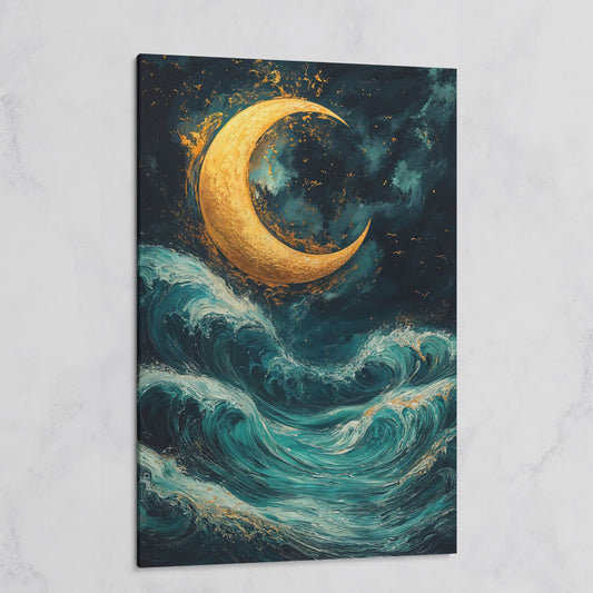 Crescent Moon Over Sea Waves Canvas on gallery wrap
