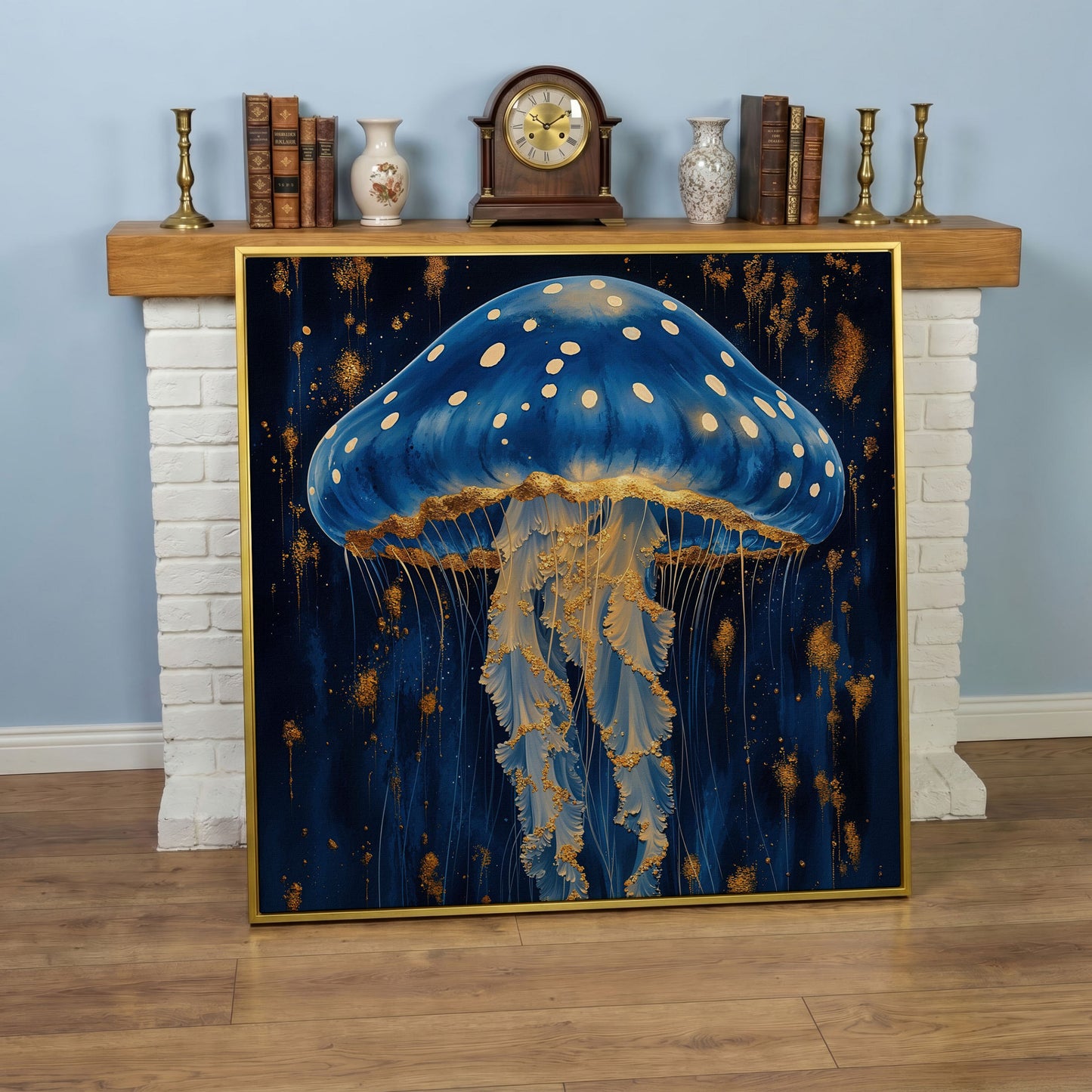 Jellyfish Abstract Canvas, Ocean Blue and Gold in yellow gold floating frame