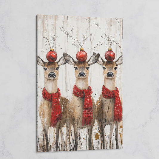 Three Reindeer with Red Scarves Christmas Canvas on gallery wrap