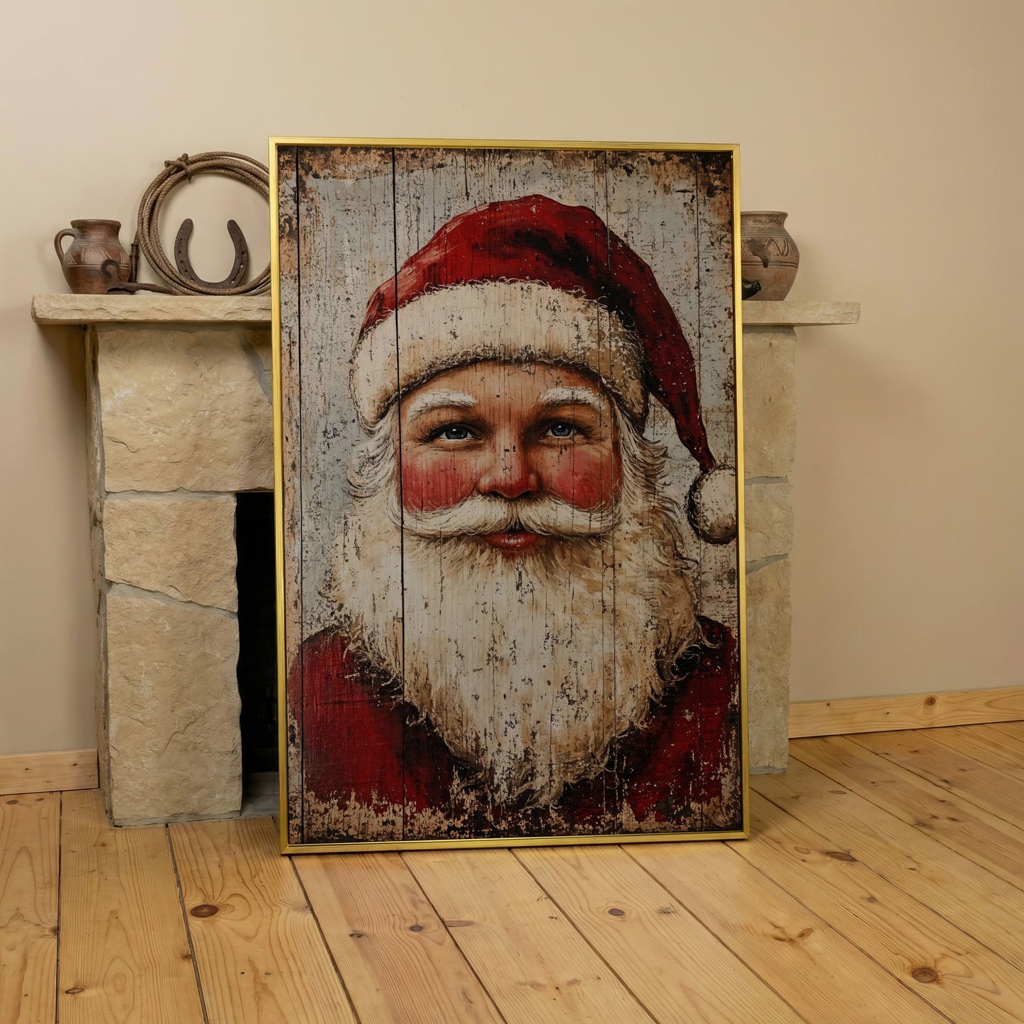 Rustic Santa Claus Portrait Canvas Print in yellow gold floating frame