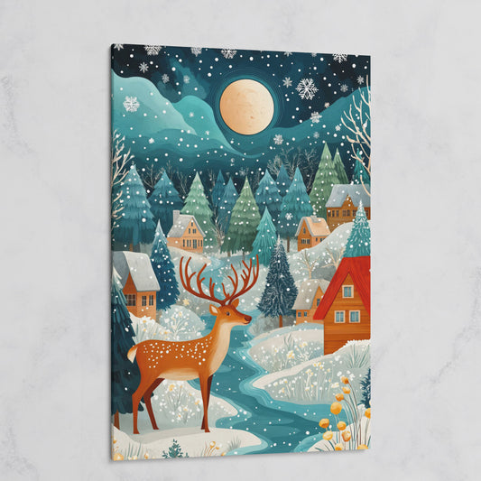 Fantasy Snowy Landscape with Reindeer and Full Moon Canvas on gallery wrap