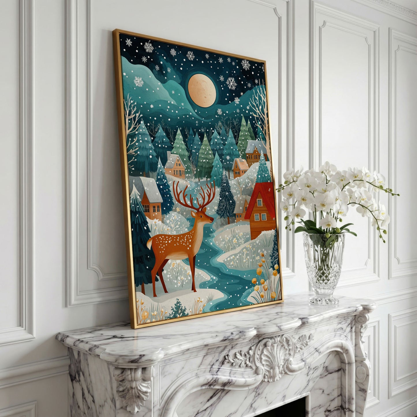 Fantasy Snowy Landscape with Reindeer and Full Moon Canvas in yellow gold floating frame