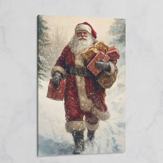Santa in Snowy Forest Canvas Print on gallery wrap