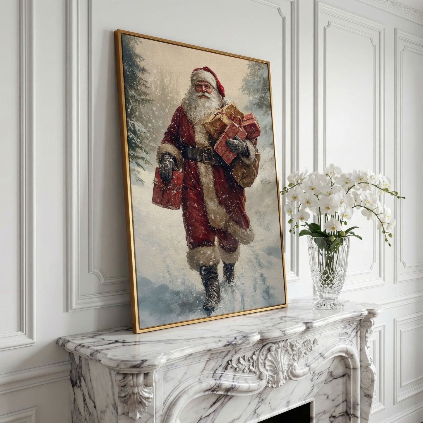 Santa in Snowy Forest Canvas Print in yellow gold floating frame