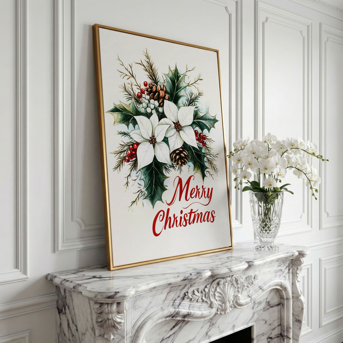 Merry Christmas Botanical Canvas Print in yellow gold floating frame