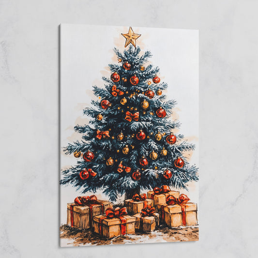 Christmas Tree with Gifts Canvas in Ochre and Crimson on gallery wrap