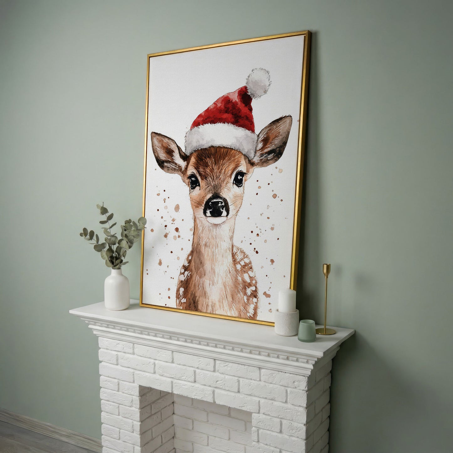 Reindeer in Santa Hat Canvas Print in yellow gold floating frame