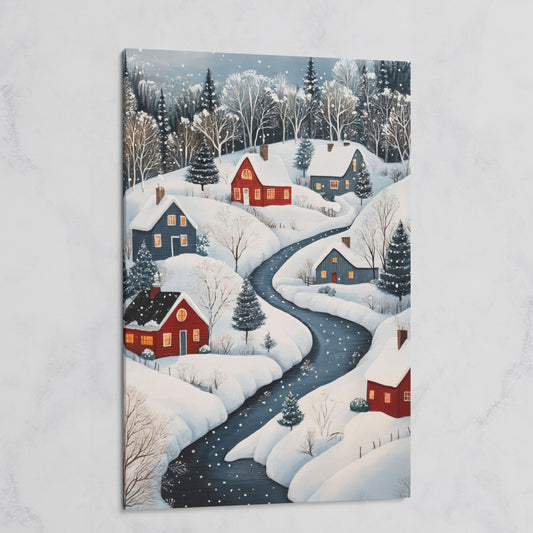 Cozy Winter Village Scene Canvas Print on gallery wrap