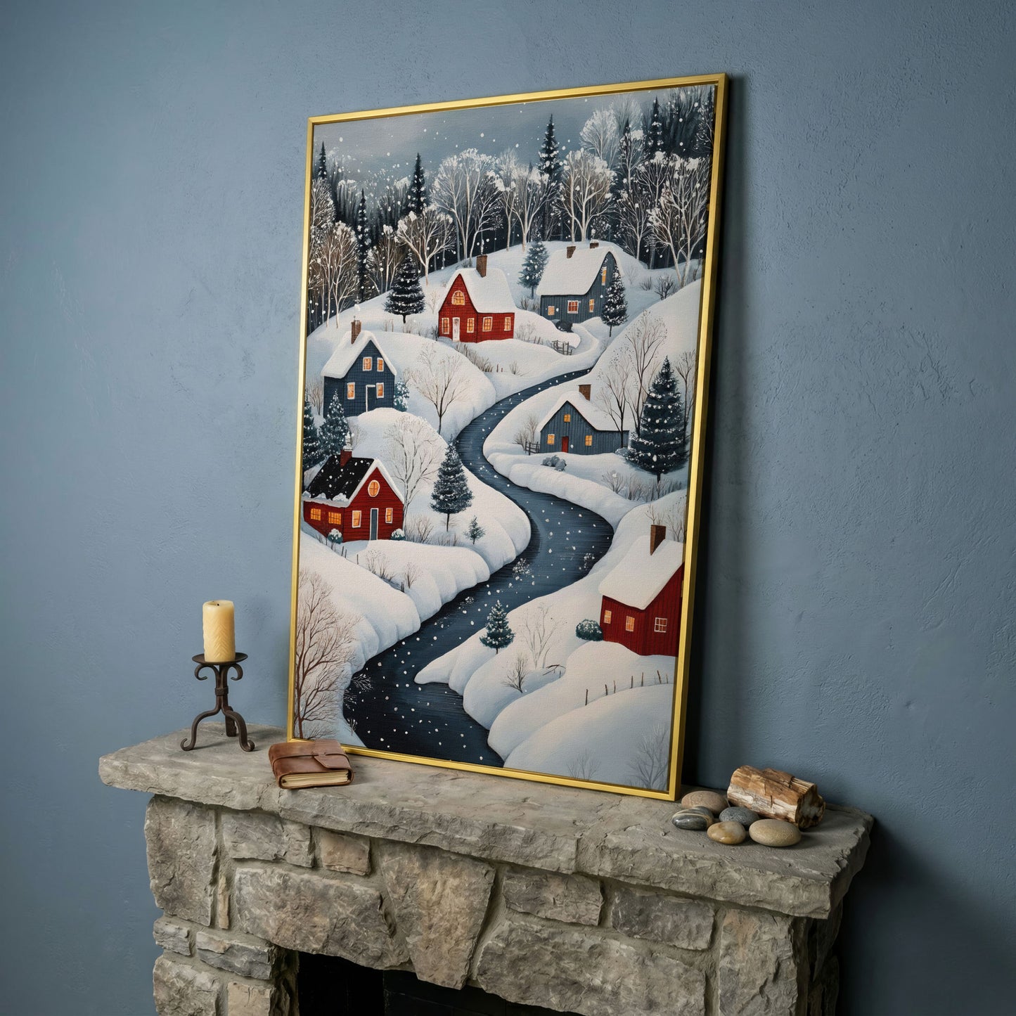 Cozy Winter Village Scene Canvas Print in yellow gold floating frame