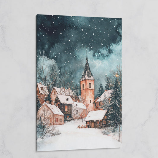 Snowy Village Night Scene Canvas Print on gallery wrap