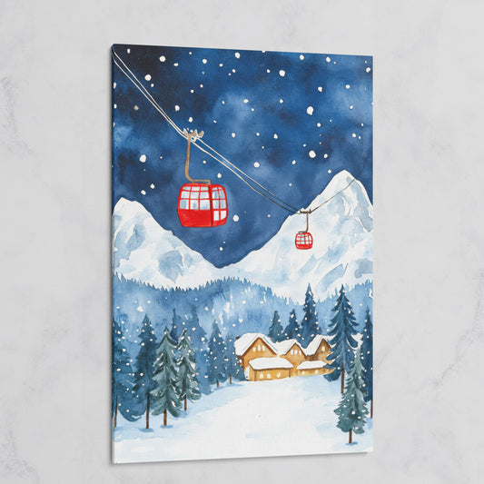 Snowy Mountain with Red Cable Cars Canvas on gallery wrap