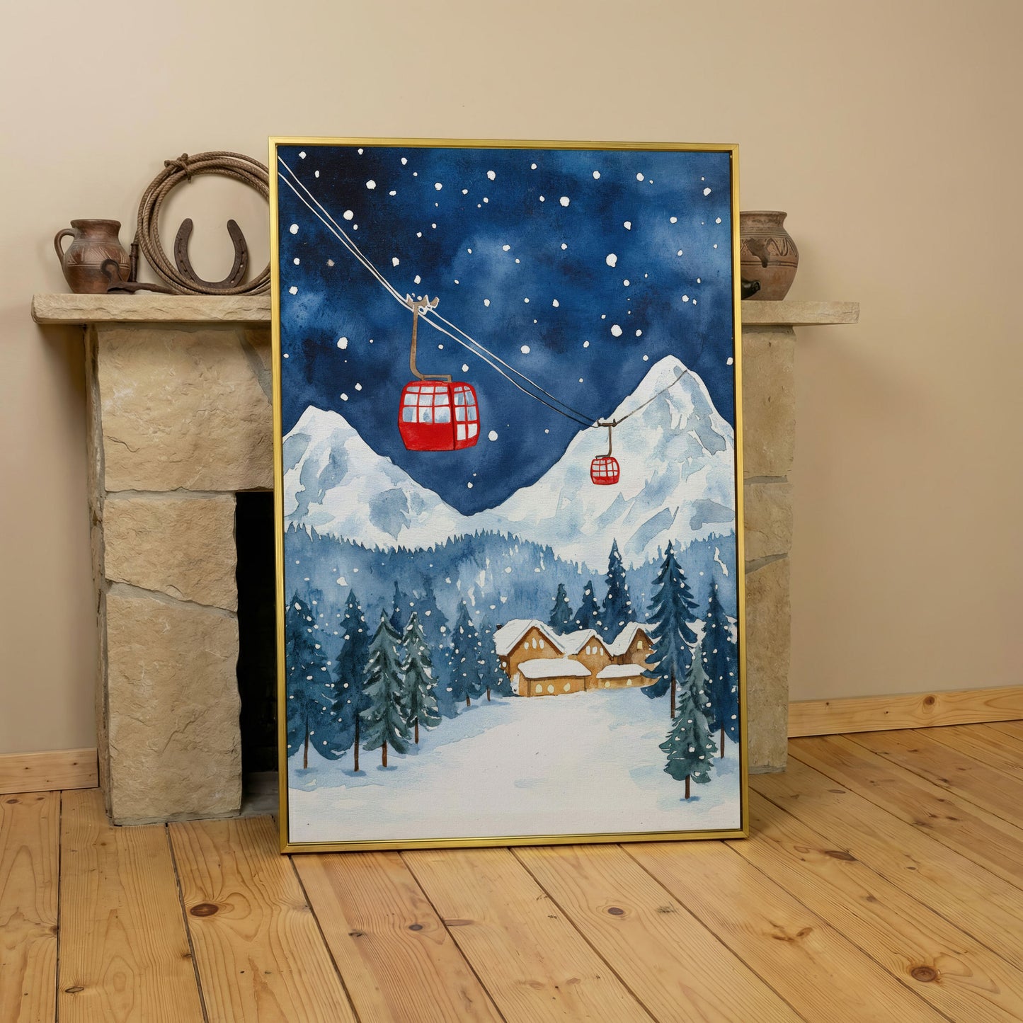 Snowy Mountain with Red Cable Cars Canvas in yellow gold floating frame