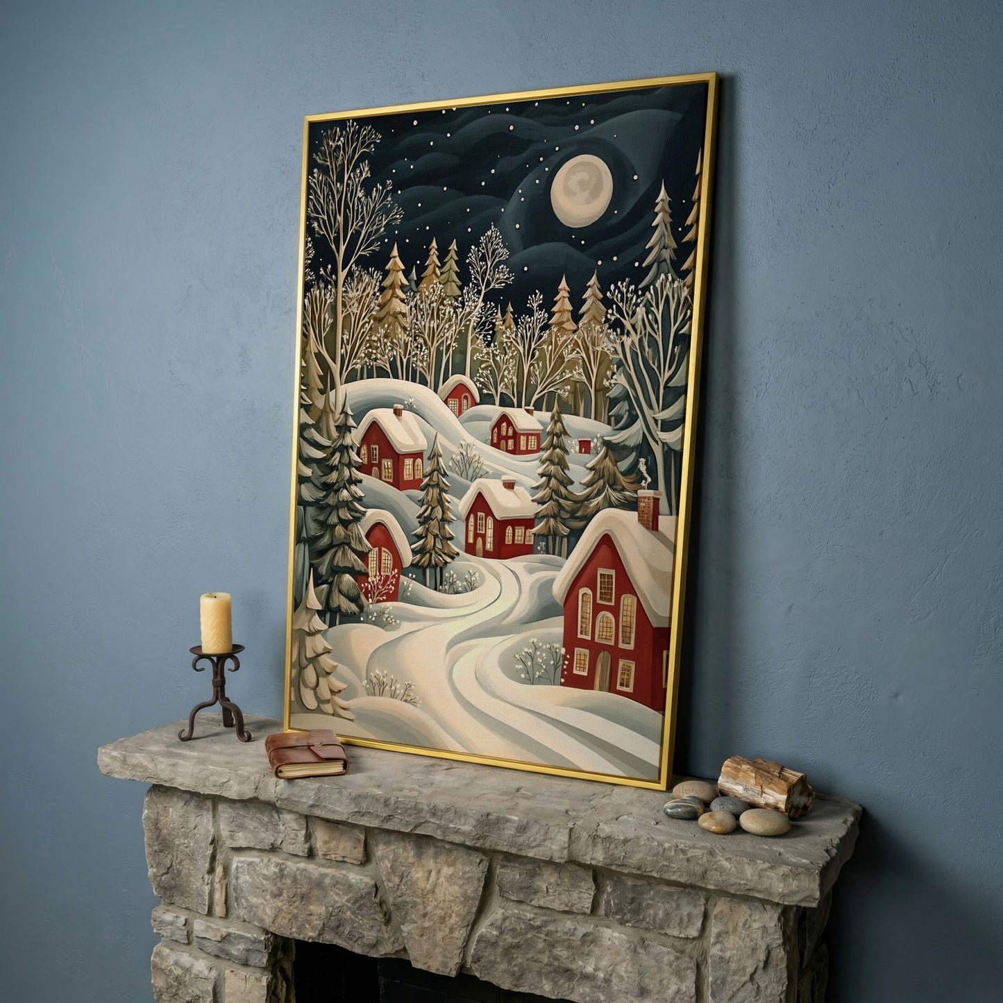 Red Christmas Village Canvas with Snowy Forest and Full Moon in yellow gold floating frame
