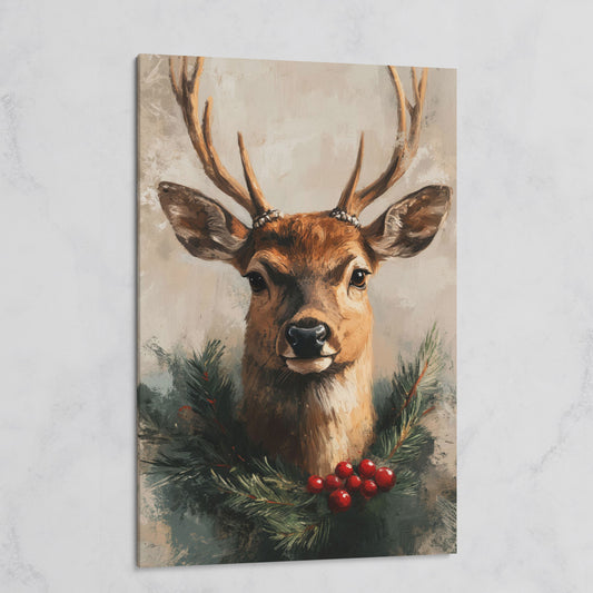 Reindeer with Christmas Pine Wreath Canvas on gallery wrap