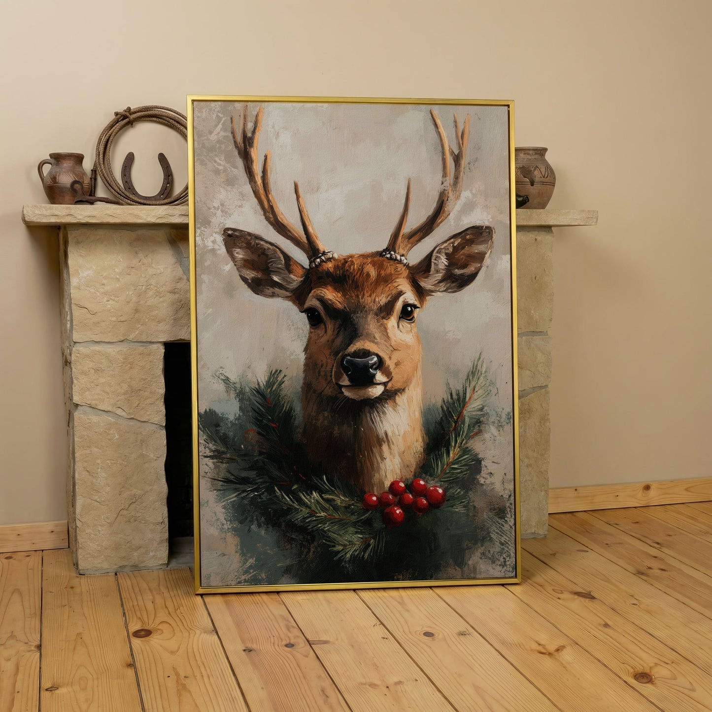 Reindeer with Christmas Pine Wreath Canvas in yellow gold floating frame