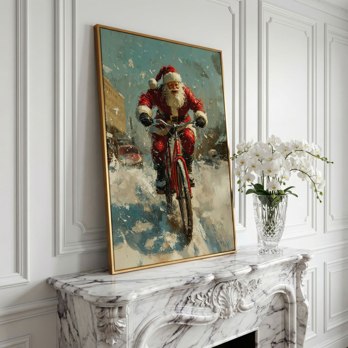 Santa on Bicycle Canvas Print, Festive Wall Art in yellow gold floating frame