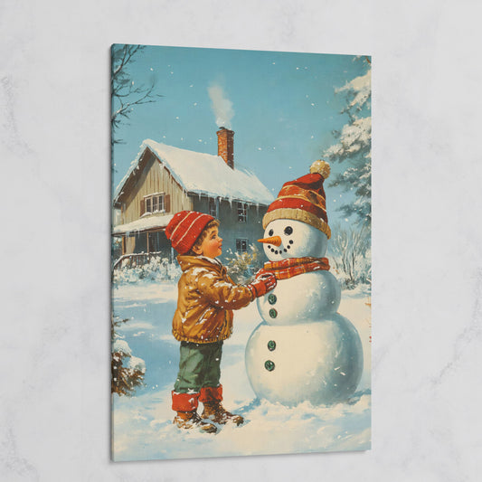 Child Building Snowman Canvas Print on gallery wrap