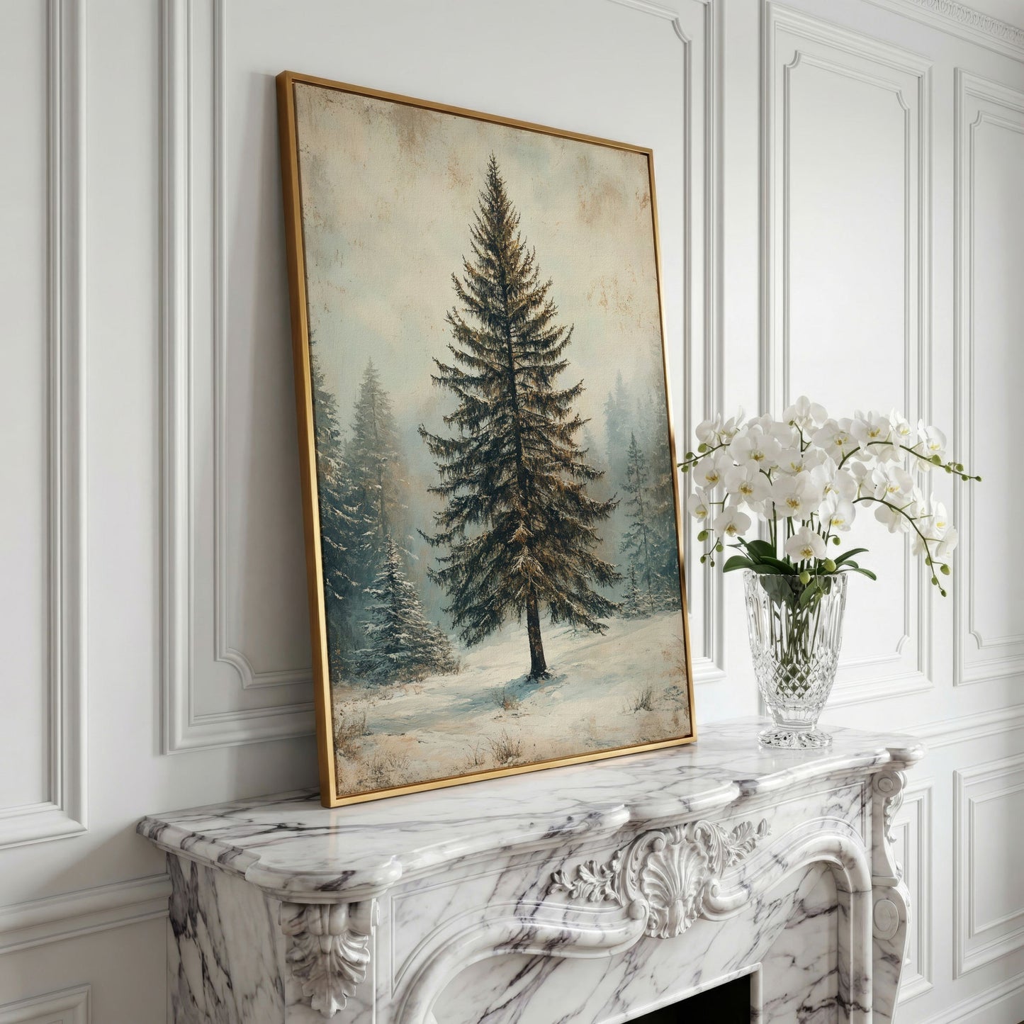 Snowy Evergreen Tree Winter Canvas Print in yellow gold floating frame