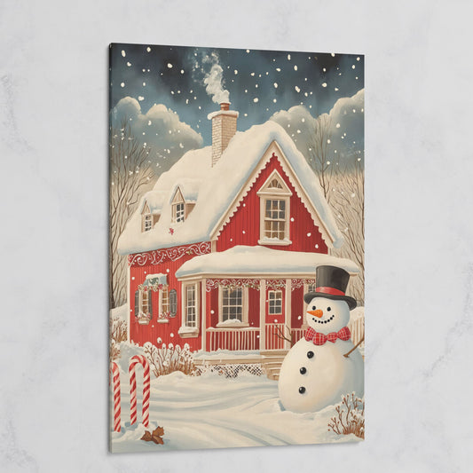 Red Cottage with Snowman Canvas Print for Christmas on gallery wrap