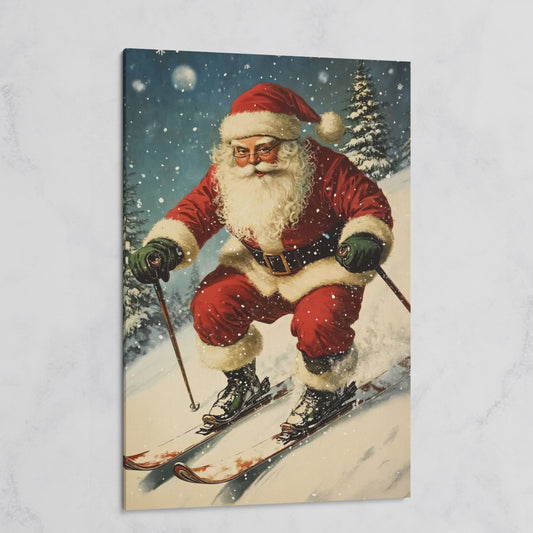 Santa Skiing Canvas Wall Art - Retro Holiday Print on gallery wrap