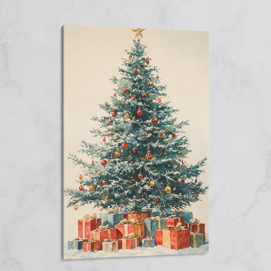 Festive Tree with Wrapped Presents Canvas Print on gallery wrap
