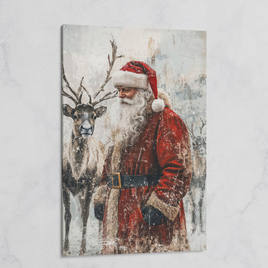 Santa with Reindeer Canvas Print on gallery wrap