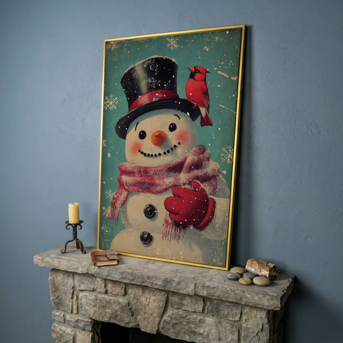 Snowman and Cardinal Folk Art Canvas in yellow gold floating frame