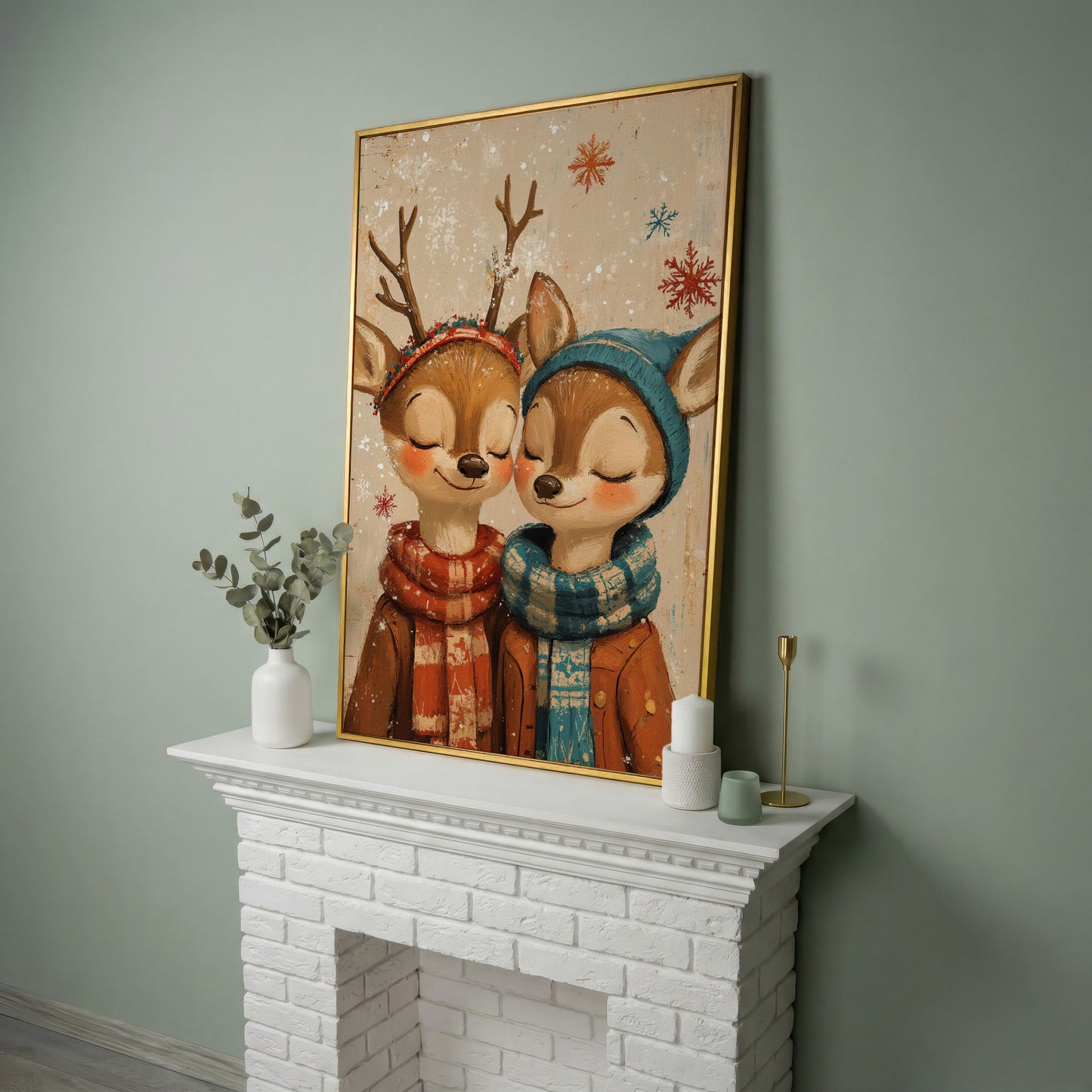 Adorable Reindeer Canvas Print for Kids' Rooms in yellow gold floating frame