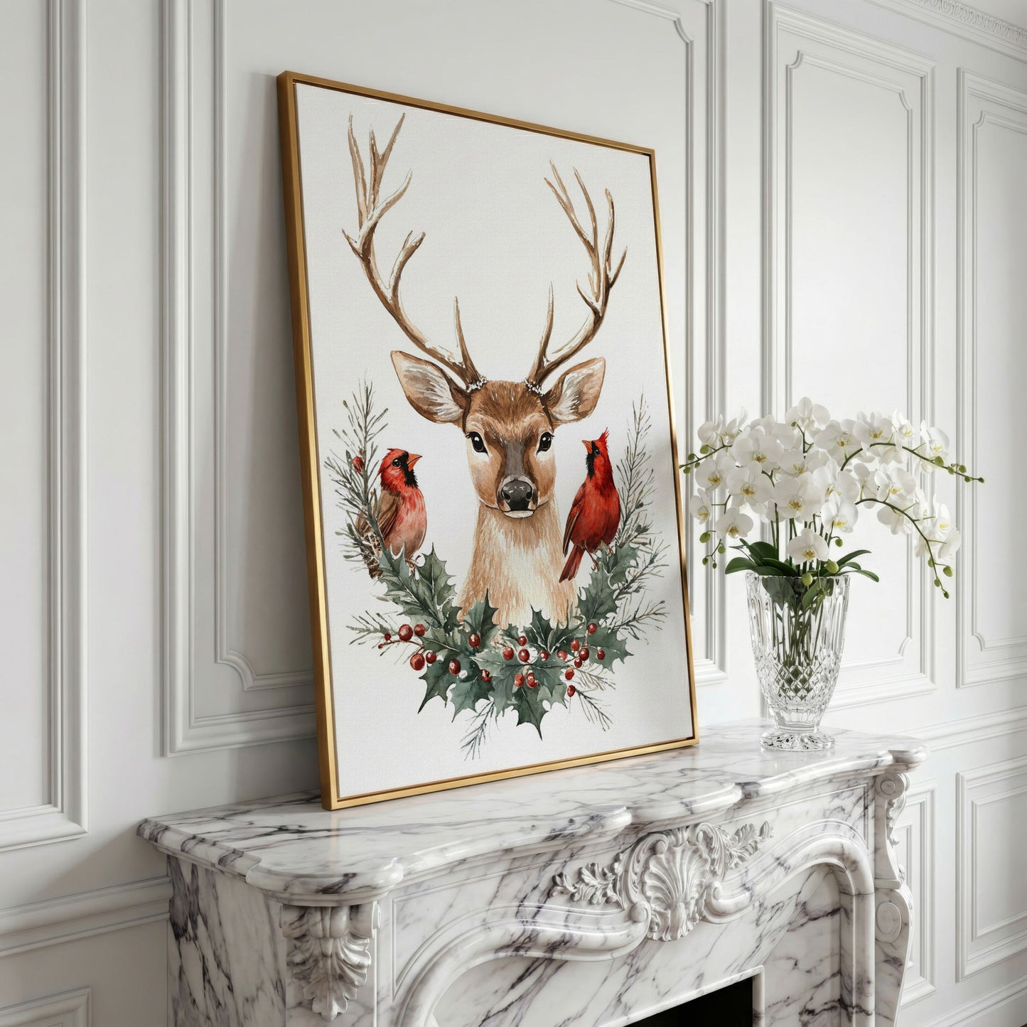 Reindeer with Red Cardinals Canvas Print in yellow gold floating frame