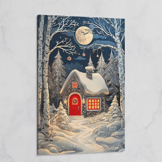 Cabin in Winter Forest Canvas Print on gallery wrap