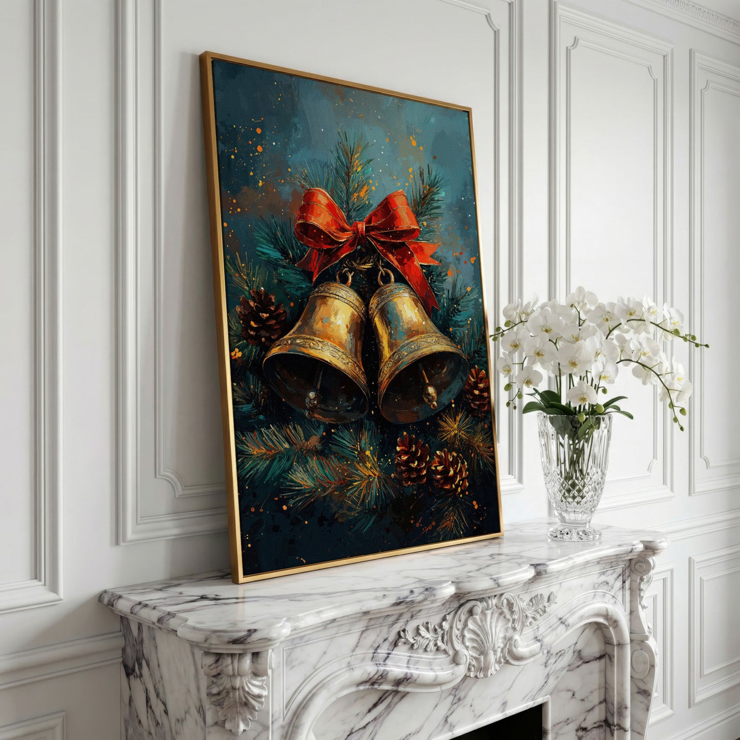 Christmas Bells Still Life Canvas Print in yellow gold floating frame