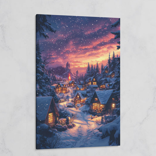 Winter Village at Dusk Canvas Art on gallery wrap