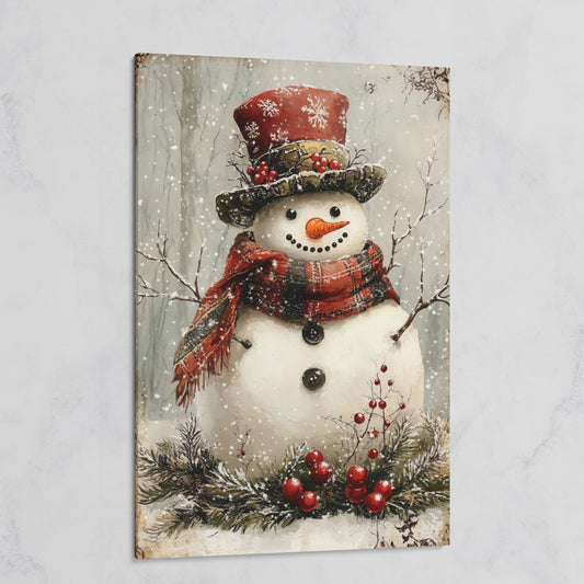 Snowman with Pine Berries Christmas Canvas on gallery wrap