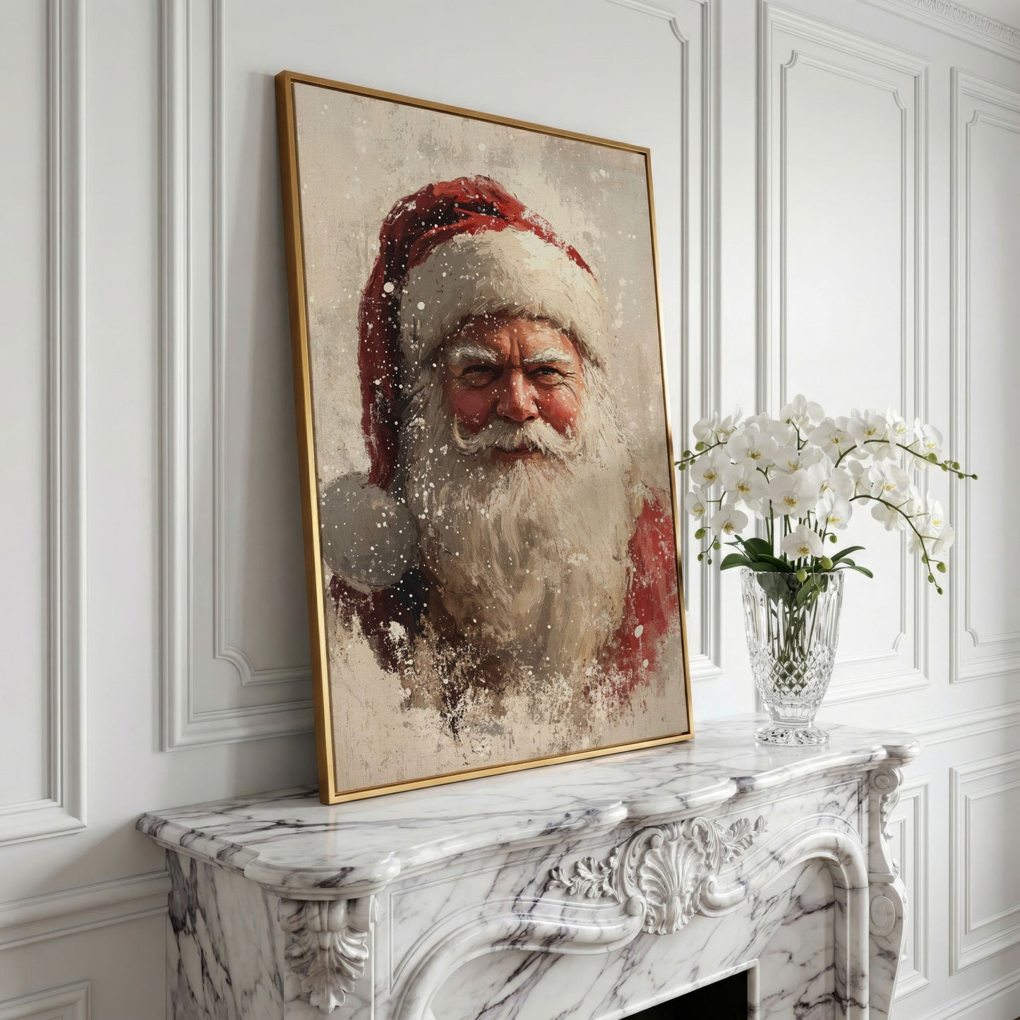 Father Frost Abstract Winter Canvas Print in yellow gold floating frame