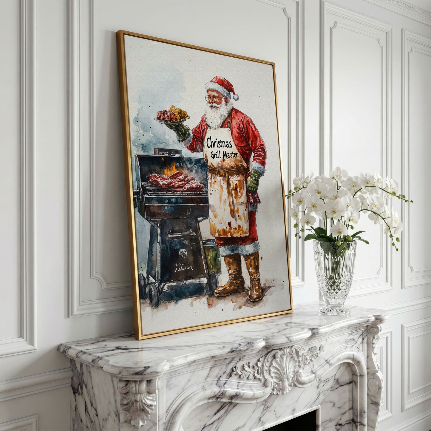 Santa Claus BBQ Canvas Print - Christmas Grill Master Art in yellow gold floating frame