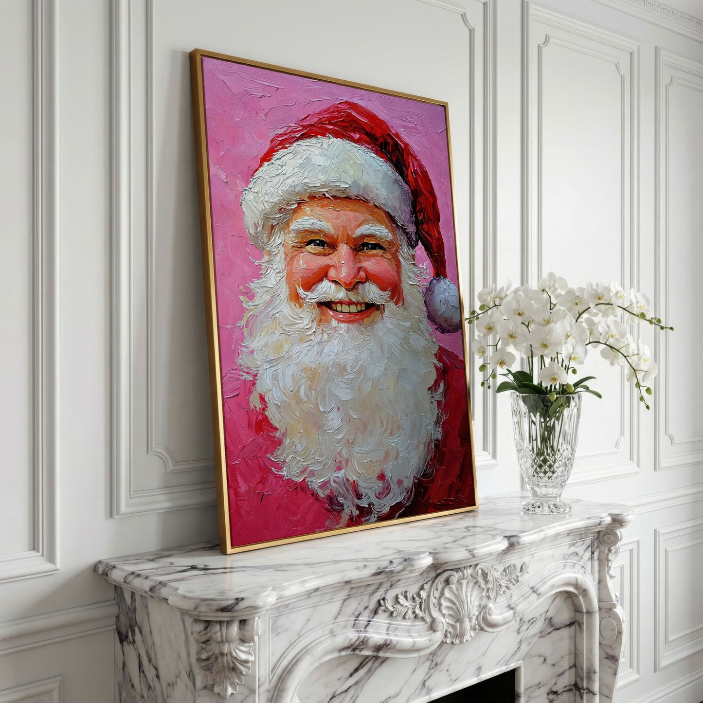 Smiling Santa Portrait Canvas Print in Crimson and Blush in yellow gold floating frame