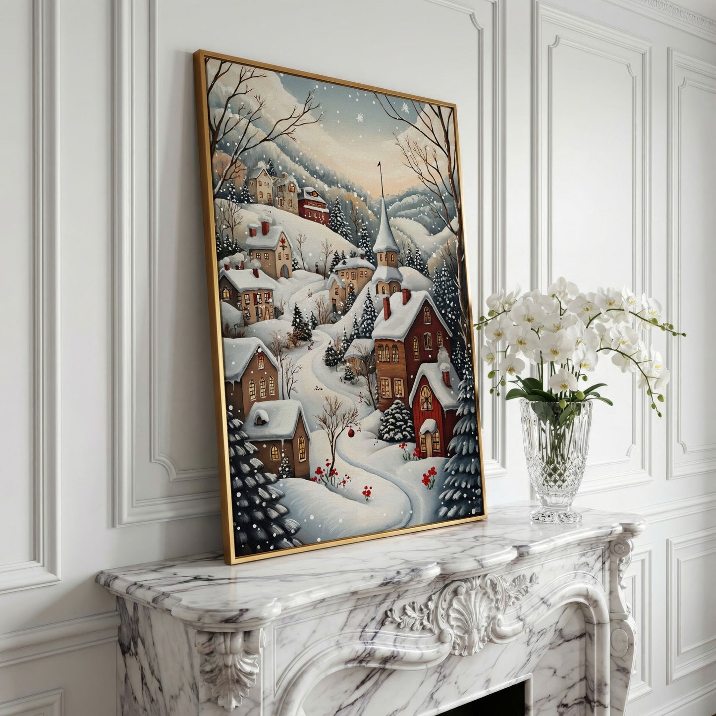 Winter Village Canvas Print with Snow-Covered Rooftops in yellow gold floating frame
